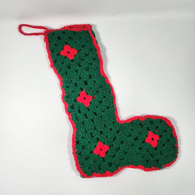 Vintage CHRISTMAS STOCKING Hand Crocheted Granny Square Red & Green Tall