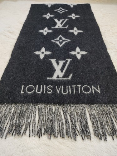 Louis Vuitton Scarf Wrap Stole Black & Gray 100% Cashmere LV Monogram Reversible - Picture 7 of 9