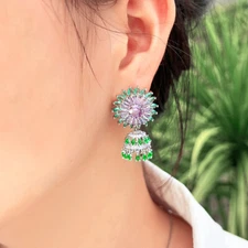Silver Plated Green Purple Flower Tassel Dangle Earrings Women Zirconia Jewelry
