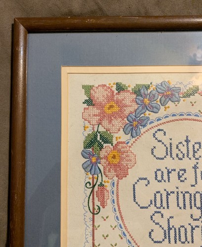 Vintage Needlepoint “Sisters Are For Sharing and Caring” Framed Wall Decor - Picture 5 of 7