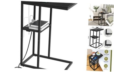  C Shaped End Table with Charging Station for Living Room, Black Ordinary