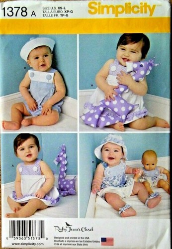 SIMPLICITY PATTERN 1378 SUNDRESS ROMPERS BABY SIZES XS S M L + 15" DOLL UNCUT