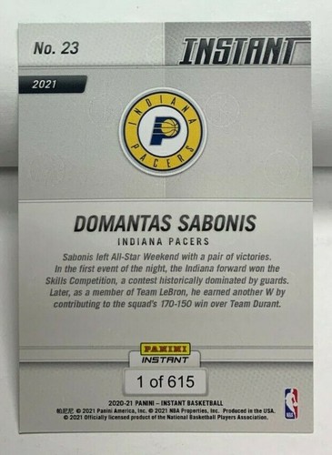 Domantas Sabonis 2020-21 Panini Instant NBA All-Star #23 - PACERS - SP /615 - Picture 2 of 2