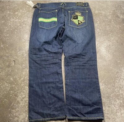 Coogi Country Club NWT Men's 46x36 Embroidered Green Gold Wide Leg Jeans Blue 