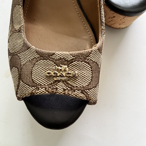 Coach Size 6 B Women's Tan Insignia Ferry Peep Toe Wedge Heels Shoes - Picture 7 of 8