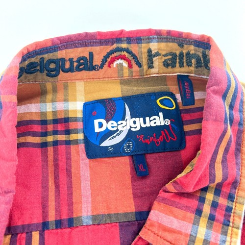Desigual Mens Sz XL Red Orange Plaid Long Sleeve Regular Fit Button Front Shirt - Picture 2 of 6