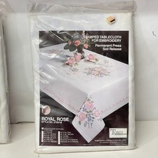 Vintage Stamped Embroidery Linen Floral Rose Pattern Oval 58" x 90" Made in USA