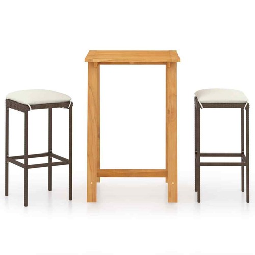 vidaXL 3 Piece Garden Bar Set with Cushions Brown - Picture 2 of 11