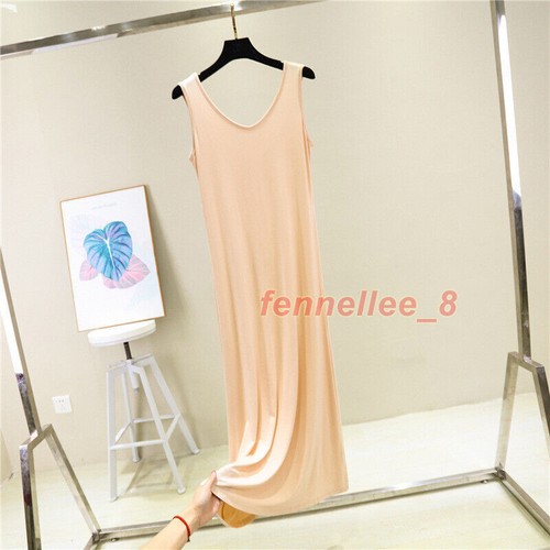 Women Scoop Neck Full Slip Plain Long Vest Dresses Camisole Liner Under Dress - Photo 14/28