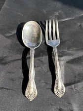 Vintage Alvin Sterling Silver Baby Set, Fork & Spoon, Chateau Rose, 1940, 4 1/8”