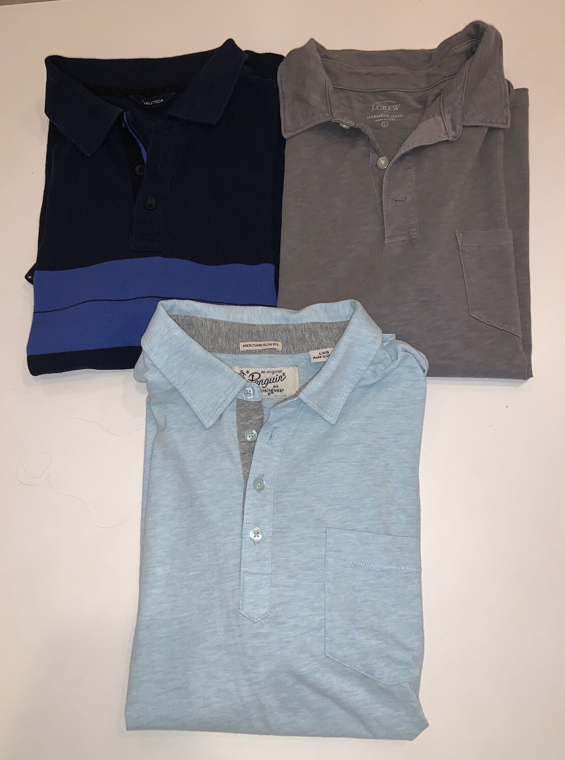 LOT (3) J Crew Mens Polo Shirt Garment Dyed + Nautica + Penguin Size L