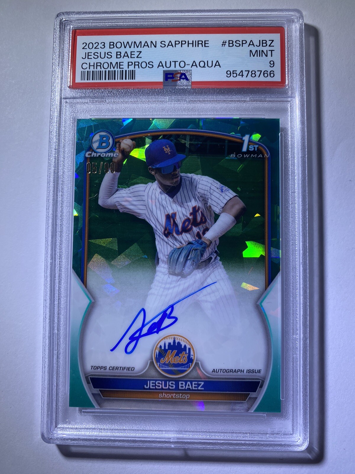 JESUS BAEZ 2023 BOWMAN SAPPHIRE 1st ATOMIC AQUA REFRACTOR AUTO SN 05/99 PSA 9