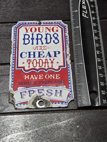 Dodo Designs Vintage "Young Birds Are Cheap Today" Porcelain Enamel Sign BlueRed - Picture 2 of 4