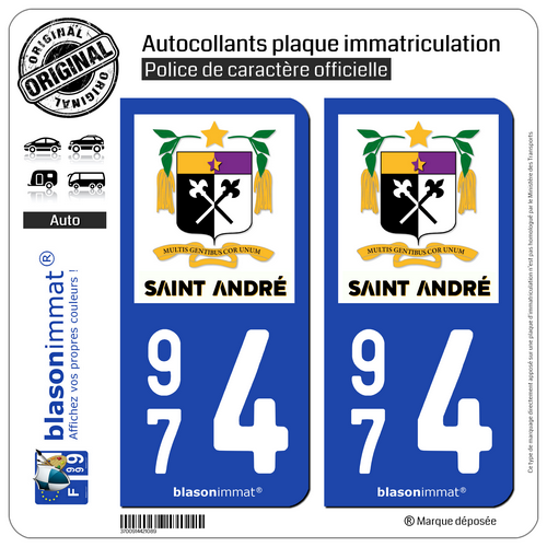 2 Stickers autocollant plaque immatriculation 974 Saint-André - Ville - Photo 1/9