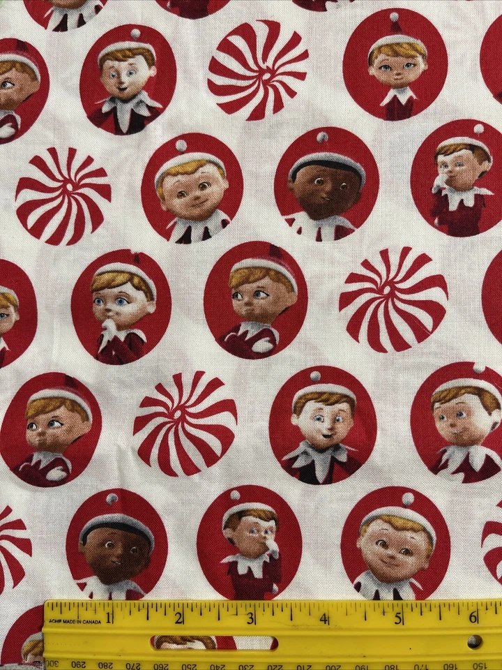 ELF ON THE SHELF Peppermint Cotton Fabric RED Christmas Quilting Treasures 17x44 - Image 2 of 4