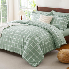 King Size Comforter Set Sage Green - 7 Pieces Plaid Bed in a Bag Set, Soft Bed S