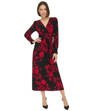 Tommy Hilfiger Womens Floral Surplice-Neck Smocked Midi Dress Black / Scarlet 4