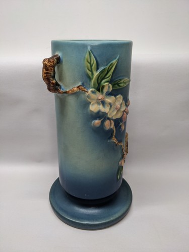 VTG Roseville Pottery Blue APPLE BLOSSOM, Double Branch Handles Vase #387-9 - Picture 5 of 17