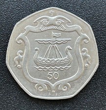 1985 Isle of Man Viking Ship (AB) Large 50p Coin #0370