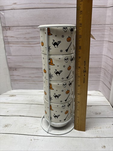 Halloween Stacked Cups Mug Set NWT Pumpkins Cats Brooms Free Standing Stand - Picture 7 of 10