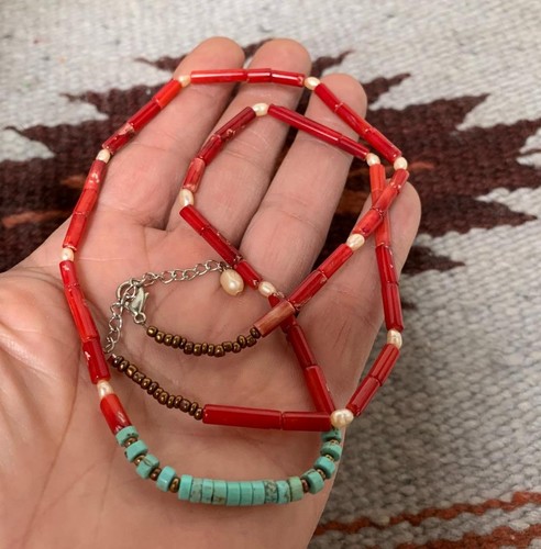 simpatica collana di perle turchesi heishi/corallo// $0,85 combinazione s/h tassa (b232b1-w0,5)