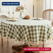 Checkered Tablecloth Round Cotton Linen Gingham Table Cloth with Tassel Washable