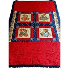 Vintage Teddy Bear Patchwork Quilt Red Navy Blue Ruffle Nursery Blanket 67x44