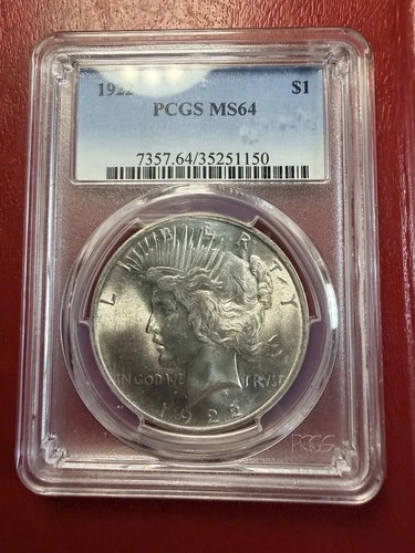 1922 $1 Peace Dollar. PCGS MS-64. Free Shipping