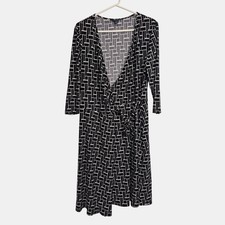 Chaps Womens V Neck Side Tie 3/4 Sleeve Geometric Dress Sz XL Black Work Career