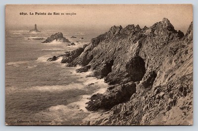 Pointe du Raz Stormy Sea Lighthouse Postcard Villard Quimper France Antique