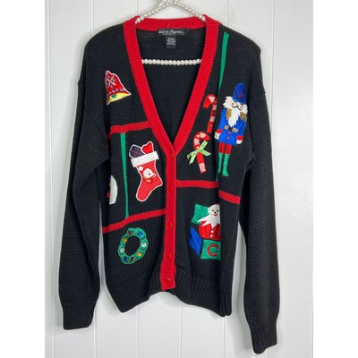 VTG Work in Progress Black and Red Christmas Decoration Cardigan Size Med