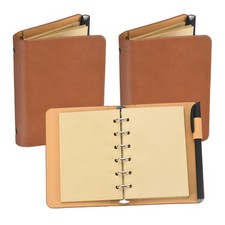 2Set 6 Ring Binder Cover A7 Leather Notebook with Kraft Paper and Pen, Coffee