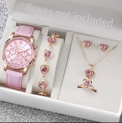 Geneva Pink Crystal Heart Jewelry Set: Watch, Necklace, Earrings, Ring