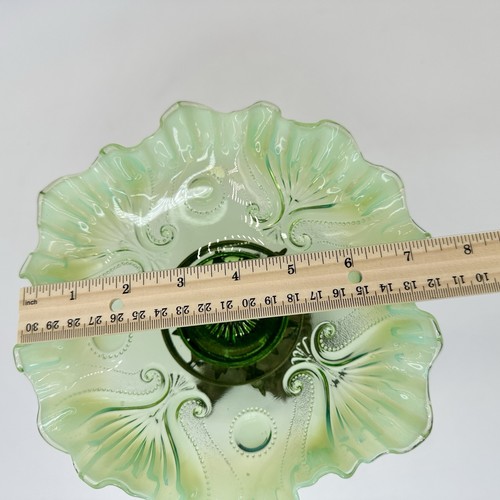 Antique Art Nouveau Jefferson Green Glass Centerpiece Bowl On Ornate Brass Stand - Picture 14 of 14