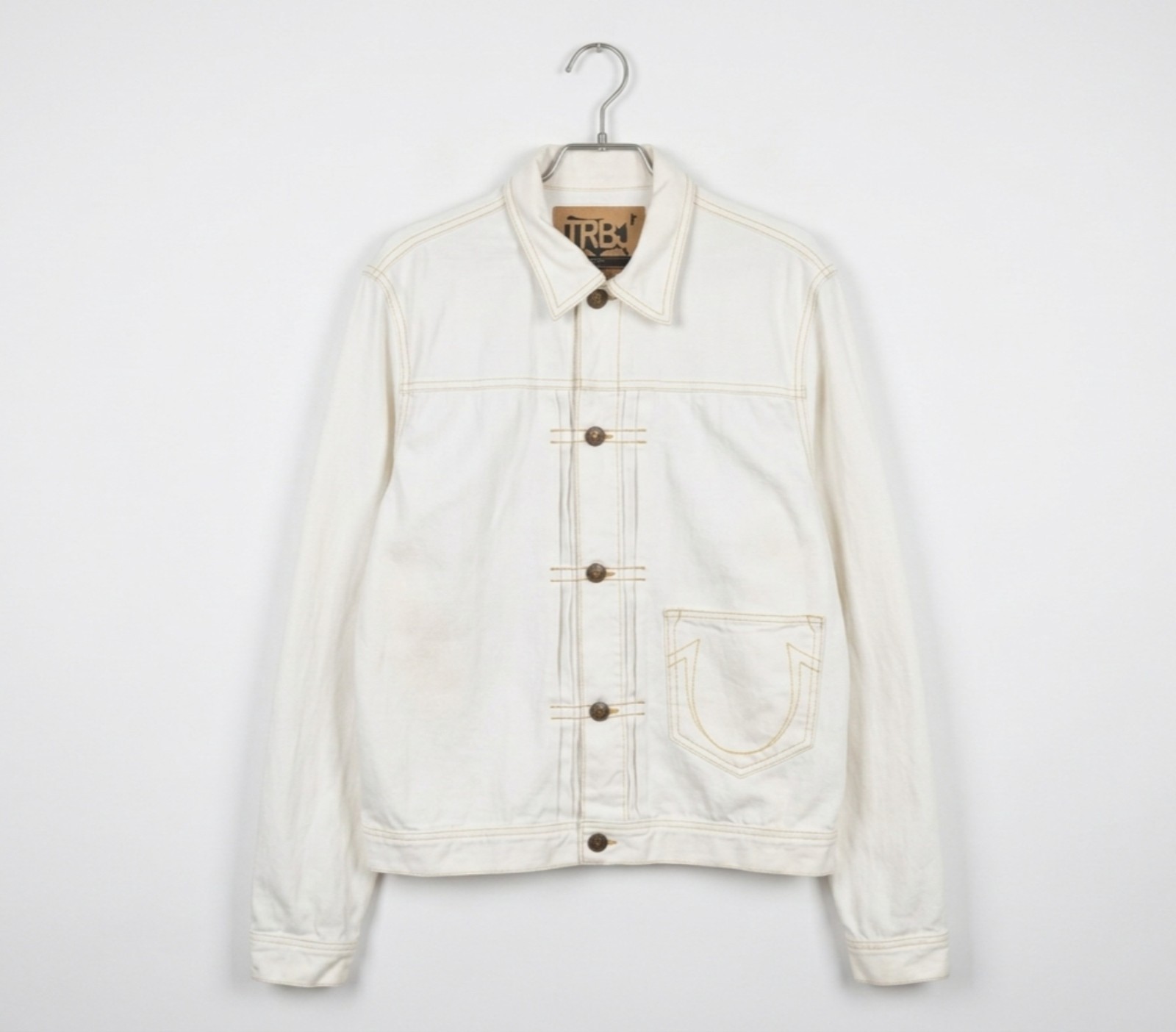 True Religion White Denim Jacket Men's XXL Kyle Phoenix Front Pleated Trucker