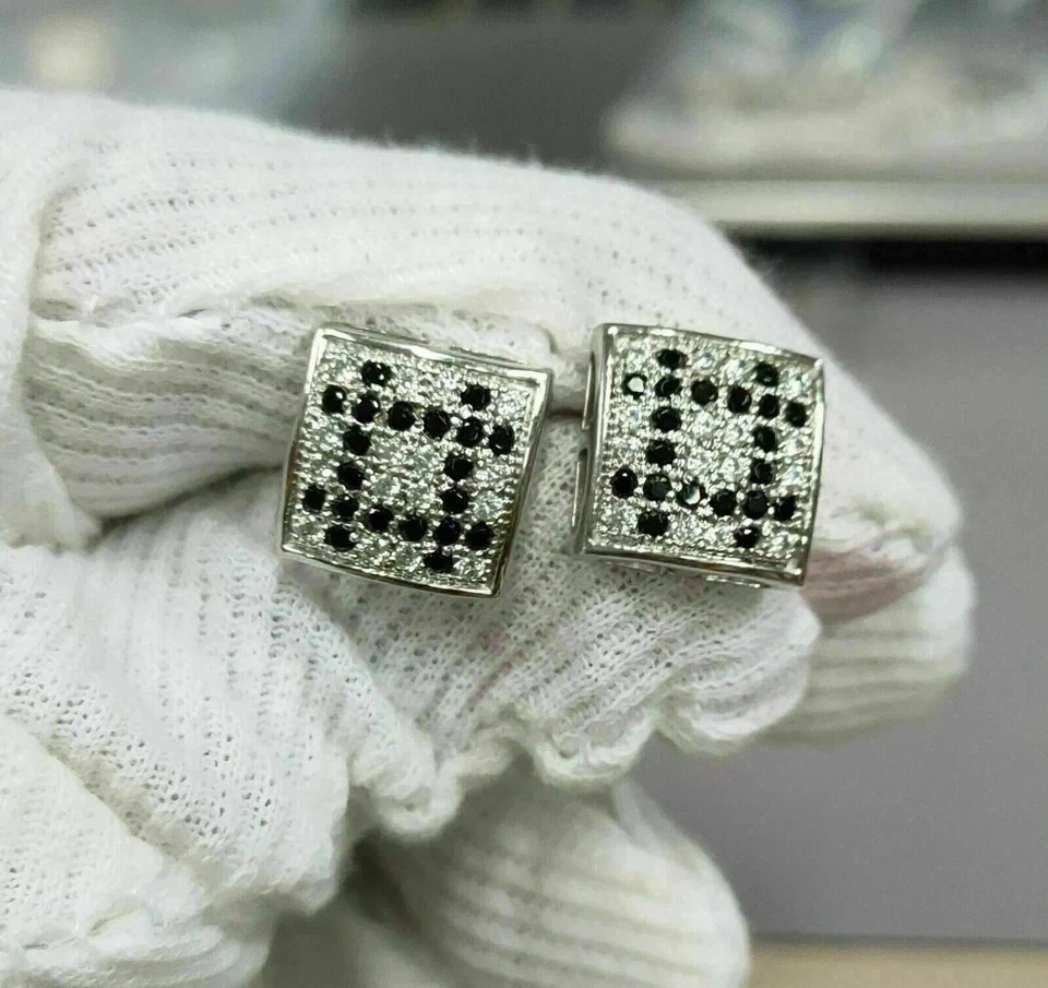 Aretes para hombre enchapados en oro blanco de 14 k de corte redondo negro de 3 quilates creados en laboratorio Foto 2 de 4