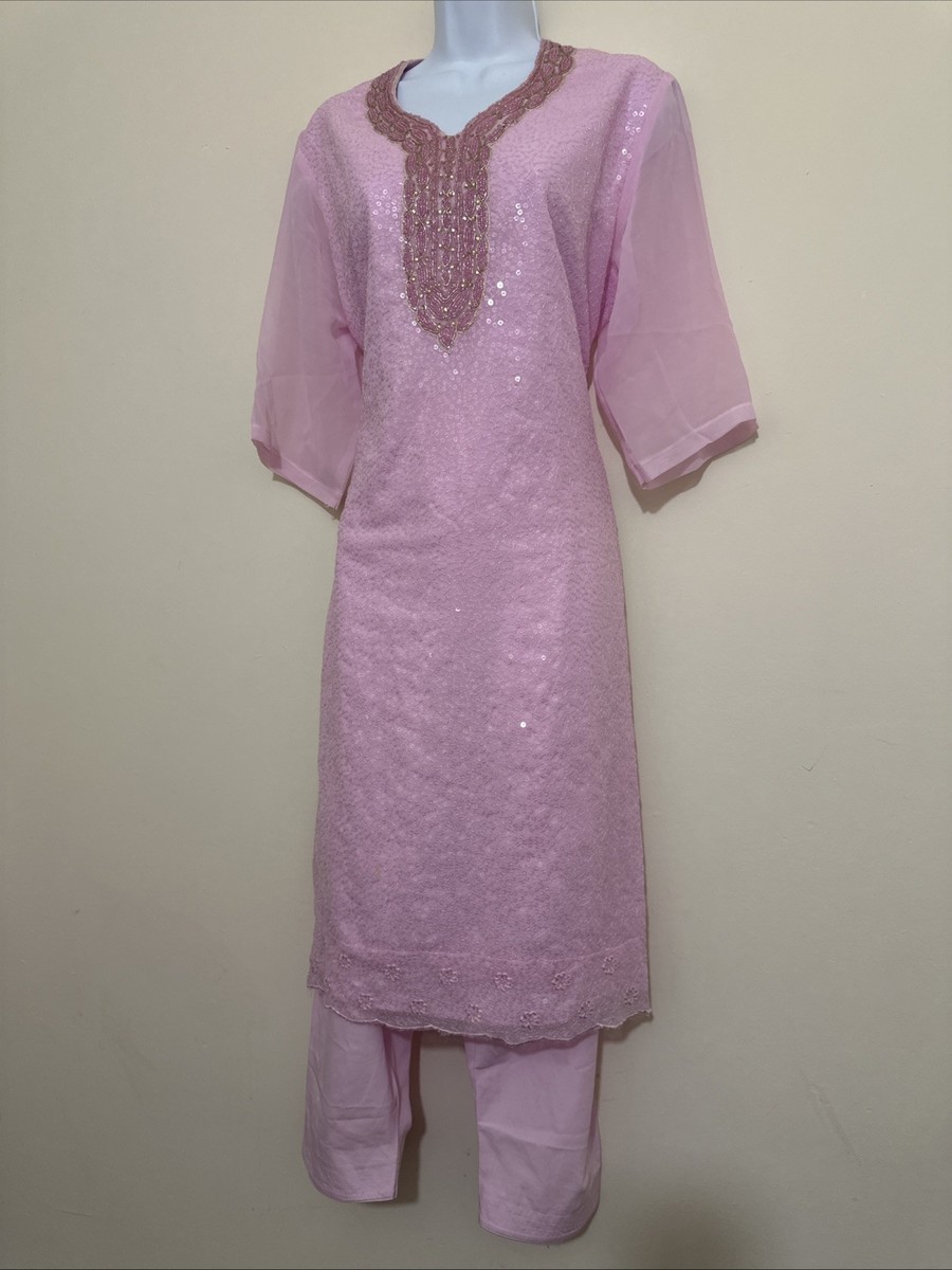 ASIAN WEDDING PARTY DRESS OUTFIT ABAYA TUNIC PANTS PINK ROSE WOMEN UK 12-14 M View 3