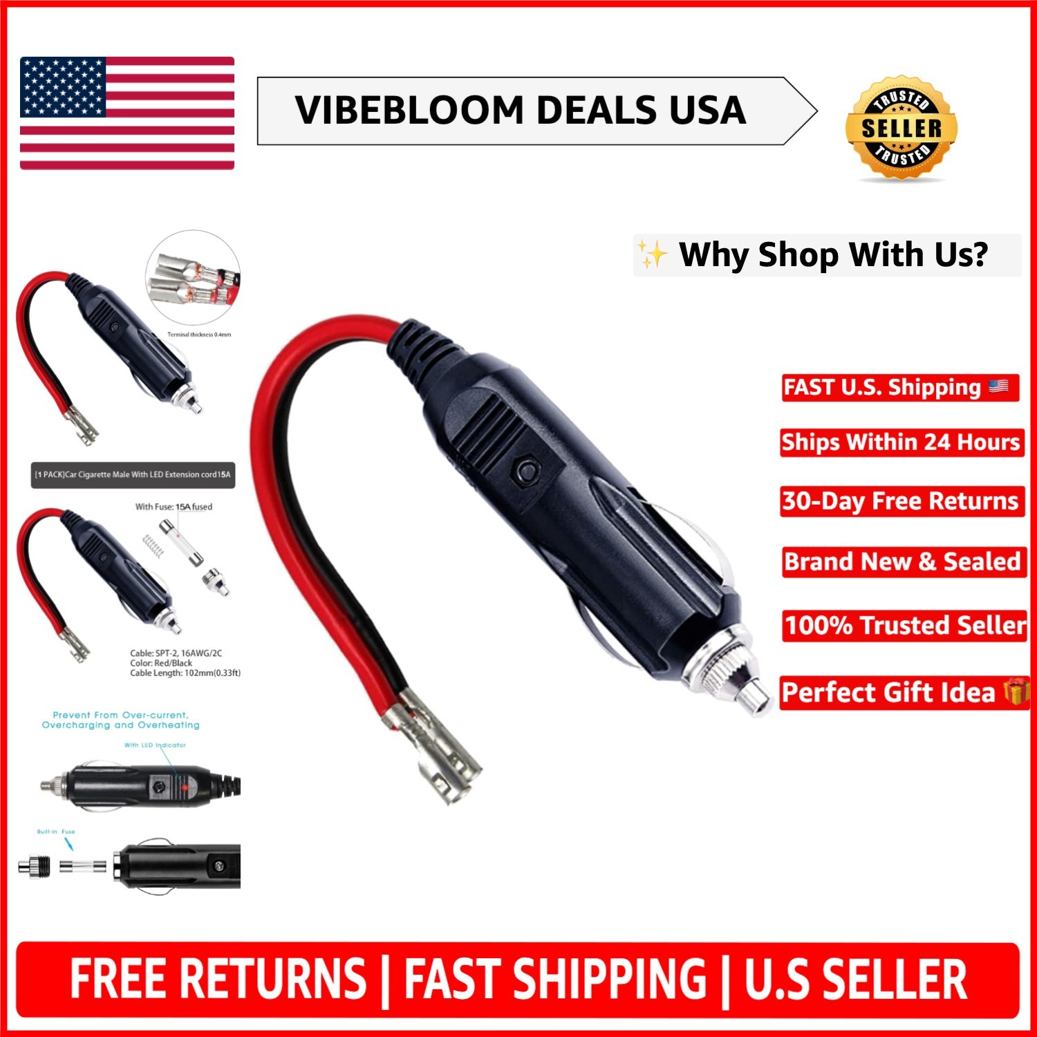 Universal 12V Male Cigar Lighter Plug for Cars - 15A with LED Power Indicator