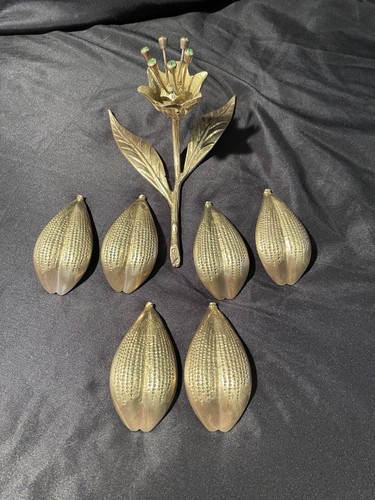 Hollywood Regency Brass Lotus Flower Party Ashtray Removable Petals Green Jewels - Picture 12 of 17