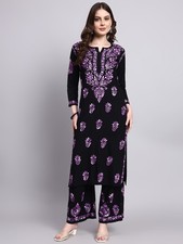 Women's Purple Chikankari Kurta Palazzo Set Ethnic Embroidered Co Ord Suit