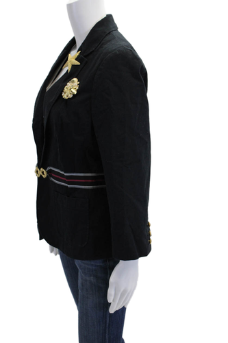 Elevenses Anthropologie Womens Brooch Detail Long Sleeve Blazer Navy Size 10 - Picture 3 of 13
