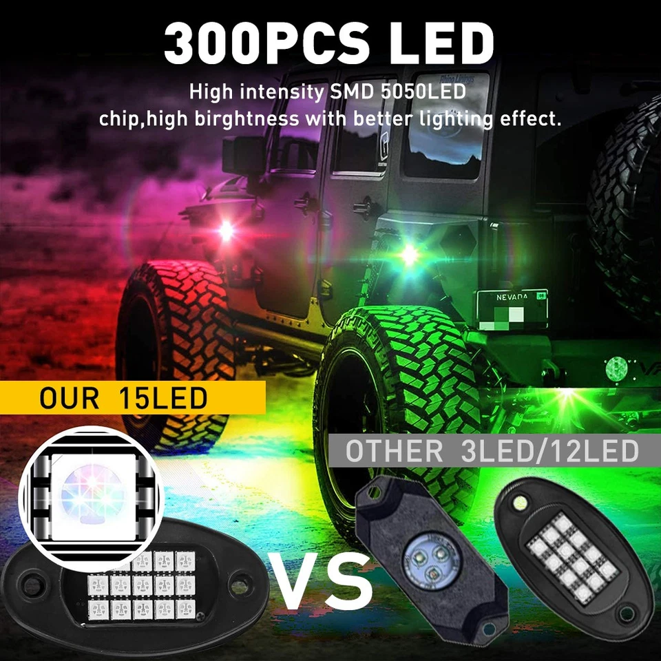 PARA JEEP WRANGLER ILIMITADO RUBICON JL JKU 20 PIEZAS LUCES DE ROCA LED RGB BRILLO DE NEÓN Foto 4 de 4