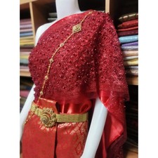 Thai Traditional red tone Dress Chakkri Style Thai National Costume, Sbai Shawl