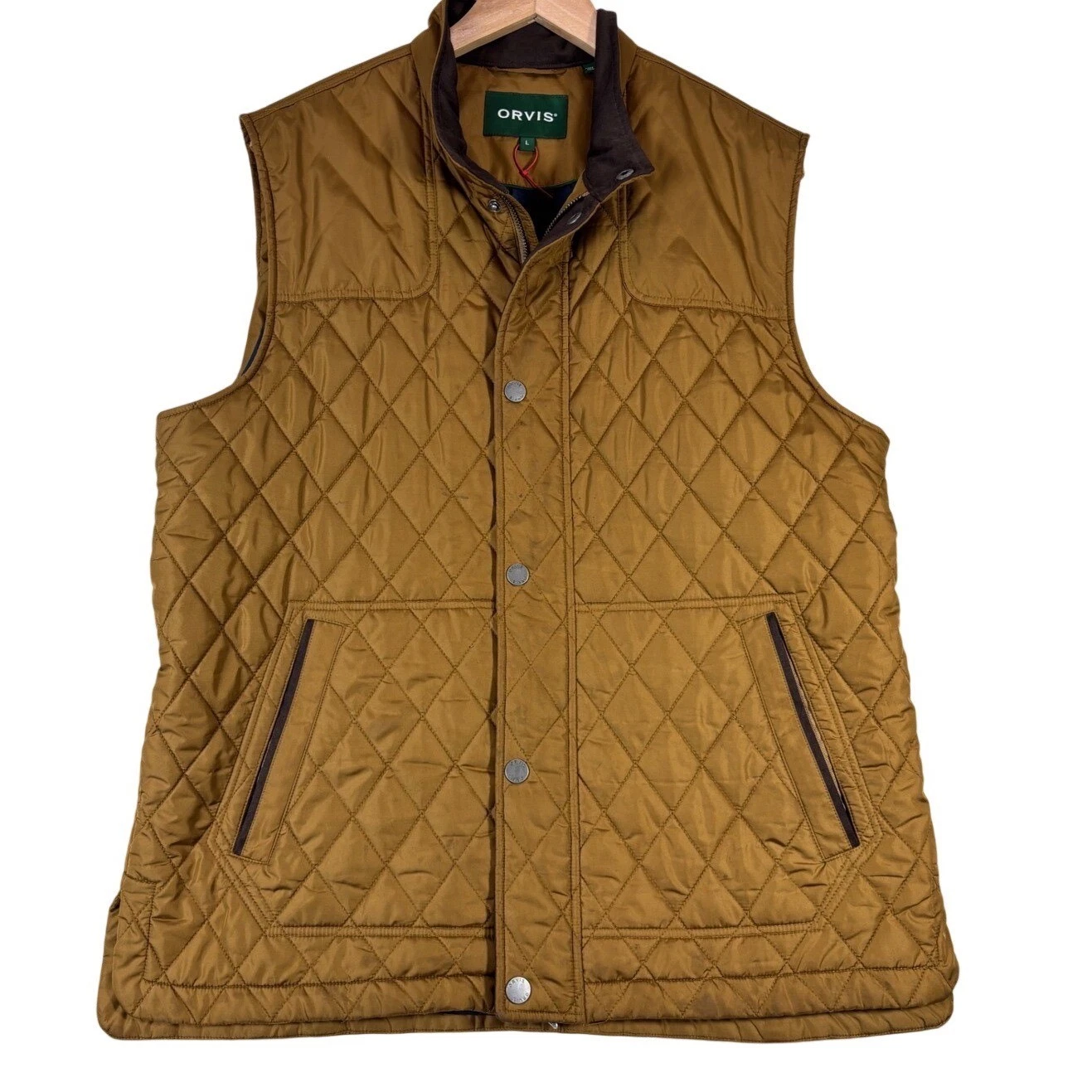 Orvis Mens Quilted Vest Tobacco Brown Diamond Pattern Recycled Poly Large