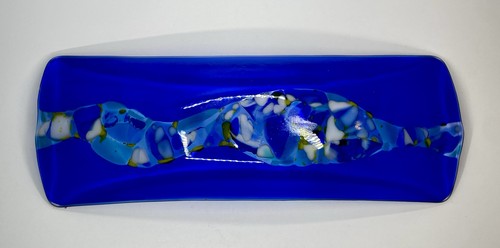 VTG Blue Confetti Fused Art Glass Oblong Tray / Dish, Signed Tim(?) Nauer. - Picture 12 of 14