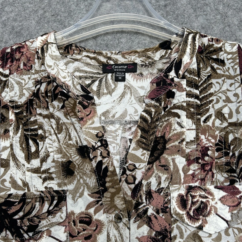 Camiseta sin mangas Cocomo para mujer 1X marrón floral sin mangas bolsillos elástica fluida Foto 3 de 4