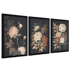 Krtoni 3PCS Framed Vintage Flower Wall Art, Rustic 16"L x 12"W Dark Flower