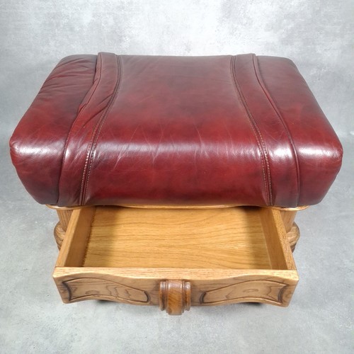 Vintage Leather Ox Blood Footstool Pouffe + Storage Drawer Large Ornate Oak Base - Picture 7 of 13