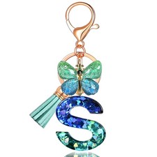 Initial letter Keychains for Women Tassel Butterfly Pink Purple Cute Car Keychai