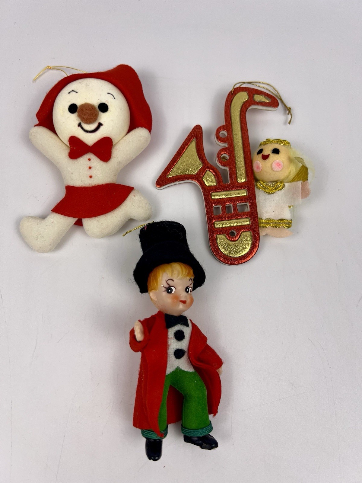 Vintage  Lot 3 Christmas Ornaments Ringmaster Angel Snowman Flocked Japan